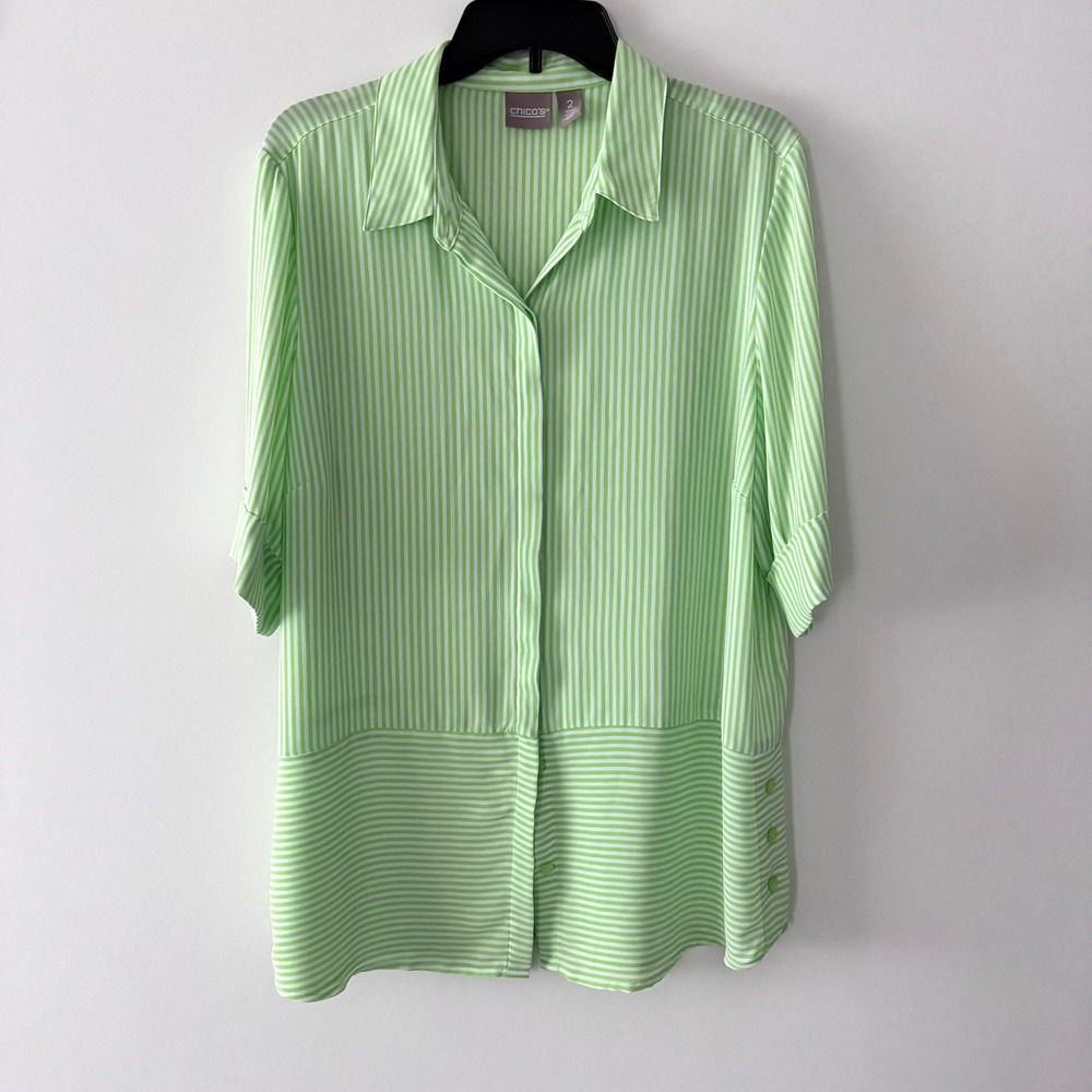 Chico's Women Lime Green Striped Short Sleeve Button Down Tunic Top Size 2 Large